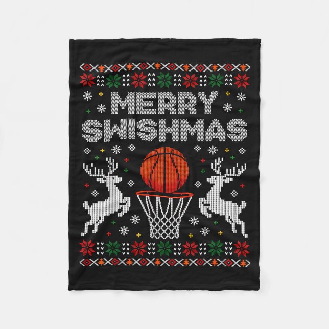Basketball Christmas Ugly Sweater Merry Swishmas M Fleecedecke (Vorderseite)