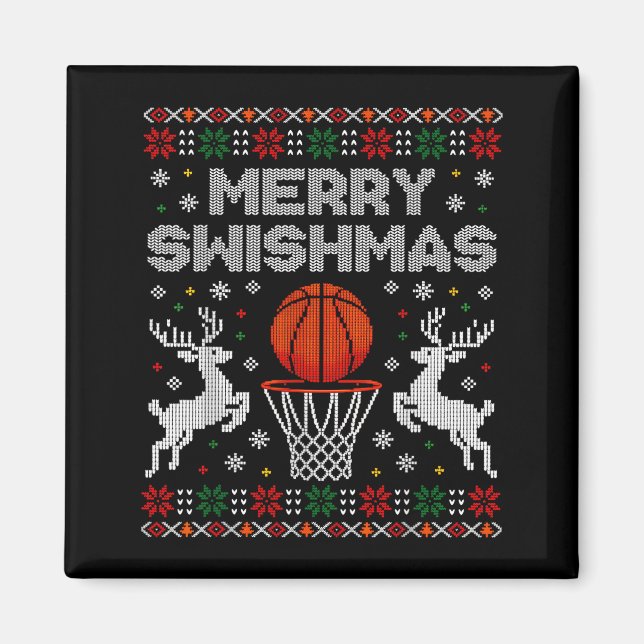 Basketball Christmas Ugly Sweater Merry Swishmas M Magnet (Vorne)