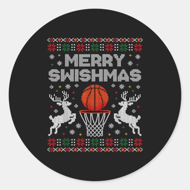 Basketball Christmas Ugly Sweater Merry Swishmas M Runder Aufkleber (Vorderseite)