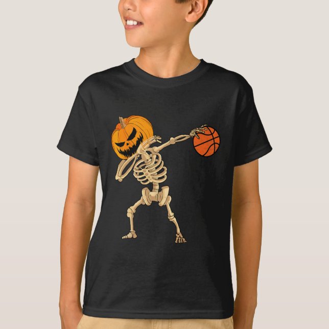 Basketball Dabbing Skelett Männer Jungen Halloween T-Shirt (Vorderseite)