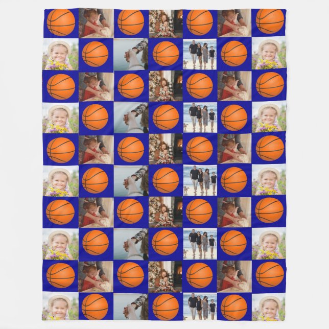 Basketball Family Collage Foto Pattern Navy Blue Fleecedecke (Vorderseite)