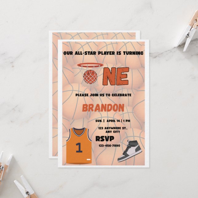 Basketball First Birthday Invitation | All Star Einladung (Vorderseite/Rückseite Beispiel)