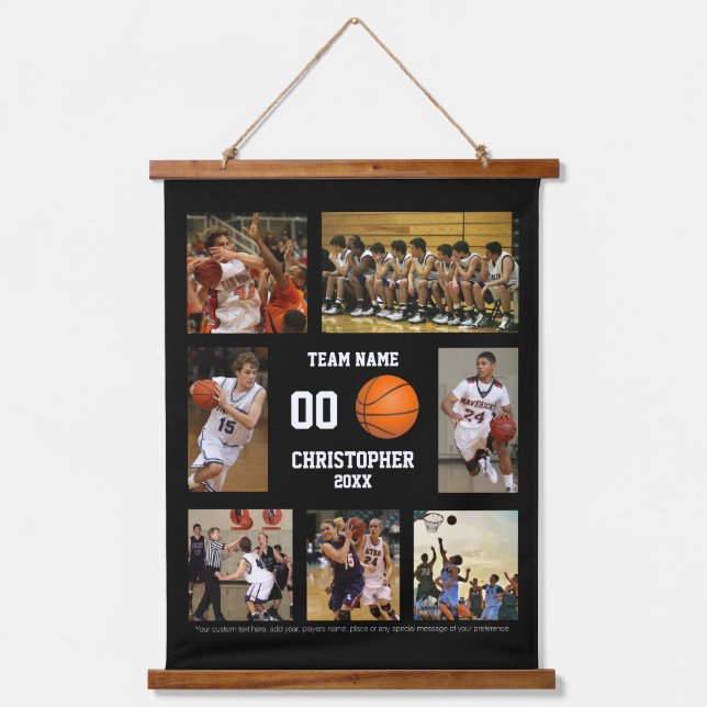 Basketball Foto Collage personalisiert schwarz Wandteppich Mit Holzrahmen (Vorderseite)