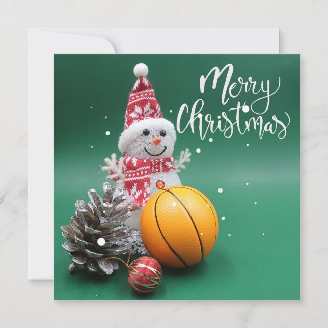 Basketball Frohe Weihnachten mit Snowman auf Grün Karte (Vorderseite)
