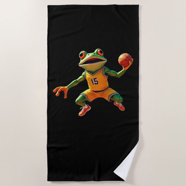 Basketball Frosch schwarzes Strandtuch (Vorderseite)