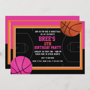 Basketball-Geburtstags-Party-Schwarz-Rosa u. Einladung