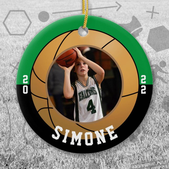 Basketball Green Black Team Colors Keramik Ornament (Green and Black Baseball Let's Go Team Ornament. Celebrate your high school or college athlete.)