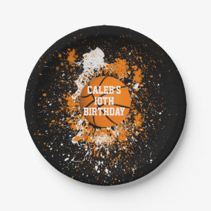 Basketball Grunge-Farbspritzer Orange Schwarz Pappteller