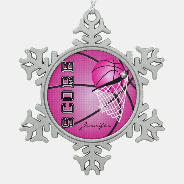 Basketball | Heiß rosa | Personalisieren Schneeflocken Zinn-Ornament (Vorderseite)