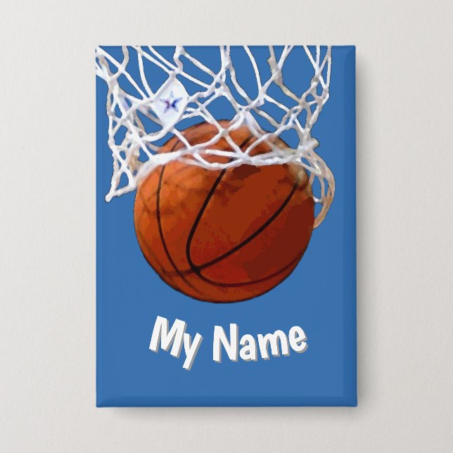 Basketball Ihr Name Benutzerdefiniert Stahlblauer  Button (Vorderseite)
