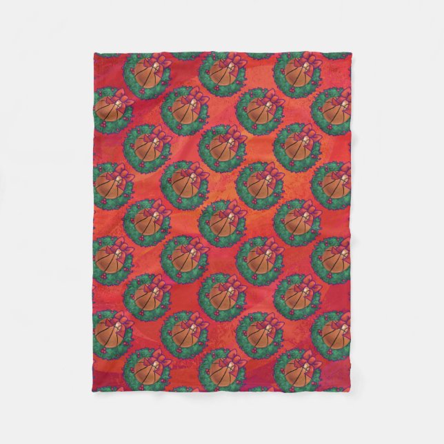 Basketball in Holly Wreath Pattern auf Rot Fleecedecke (Vorderseite)