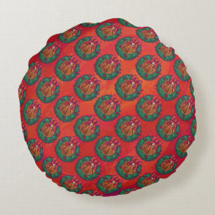 Basketball in Holly Wreath Pattern auf Rot Rundes Kissen