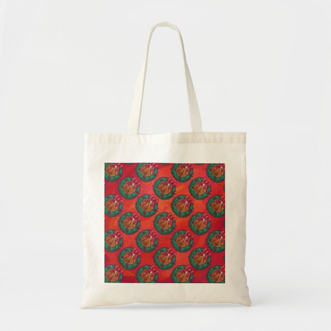 Basketball in Holly Wreath Pattern auf Rot Tragetasche (Vorne)