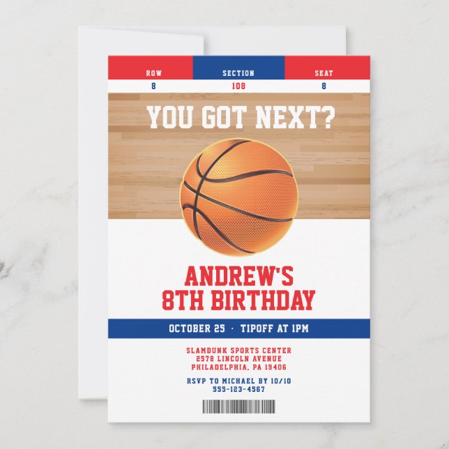 Basketball Kids Birthday Party Ticket Invitation Einladung (Vorderseite)