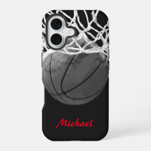 Basketball-Kunstwerk Ihr Name Schwarz Weiß Rot iPhone 16 Hülle
