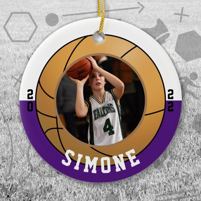 Basketball Lila Keramik Ornament (Purple and White Baseball Let's Go Team Ornament. Celebrate your high school or college athlete.)