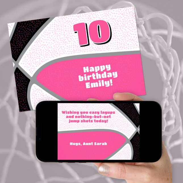 Basketball-Mädchen Geburtstag pinkfarben schwarz Karte (front view of greeting card as printed and back view of card as downloaded on phone)