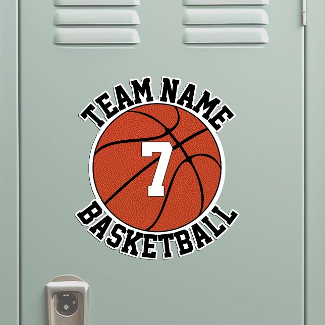 Basketball Mannschaftsname und Spielernummer Aufkleber (Basketball sticker with custom team name and player number on metal locker)