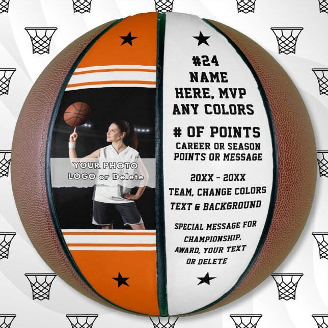 Basketball mit Bild darauf. Basketball Senior (Photo Basketball with Basketball Stats. Basketball awards or senior night basketball ideas. Orange.)
