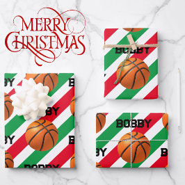 Basketball mit Kid's Name Weihnachten Rot & Grün 3 Geschenkpapier Set