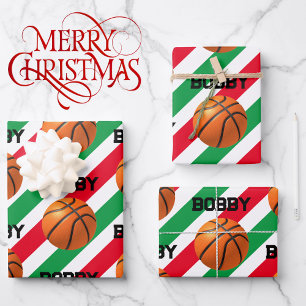 Basketball mit Kid's Name Weihnachten Rot & Grün 3 Geschenkpapier Set