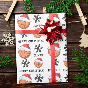 Basketball mit roter Santa-Mütze Schneeflocke Name Geschenkpapier