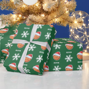 Basketball mit roter Santa-Mütze Schneeflocken Nam Geschenkpapier