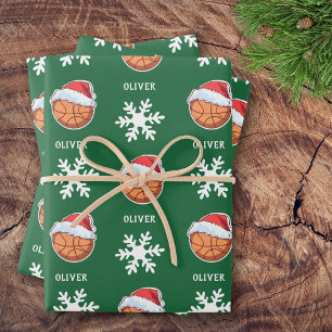 Basketball mit roter Santa-Mütze Schneeflocken Nam Geschenkpapier Set