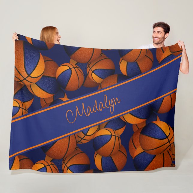 Basketball-Muster blau orange ihre Mannschaftsfarb Fleecedecke (Beispiel)
