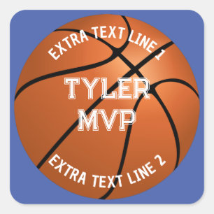 Basketball, Name des Kindes, MVP/Nummer, 2 Textzei Quadratischer Aufkleber