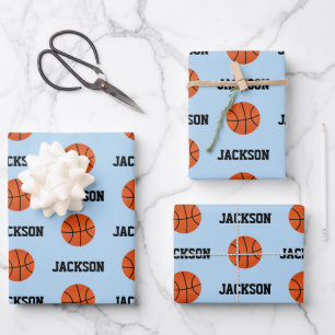 Basketball Name Muster Kids Blau Geschenkpapier Set