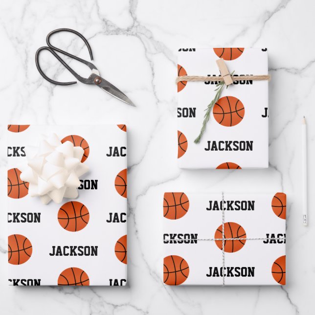 Basketball Namensmuster Kinder weiß Geschenkpapier Set (Vorderseite)
