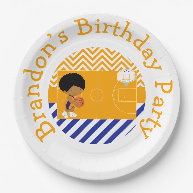 Basketball Niedlicher Afroamerikanischer Junge Pappteller (Vorderseite)