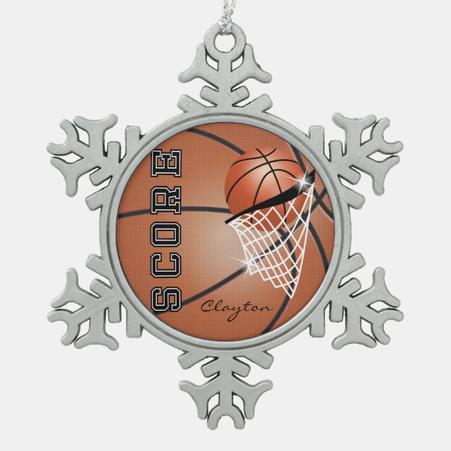 Basketball | Orange Brown | Personalisieren Schneeflocken Zinn-Ornament (Vorderseite)