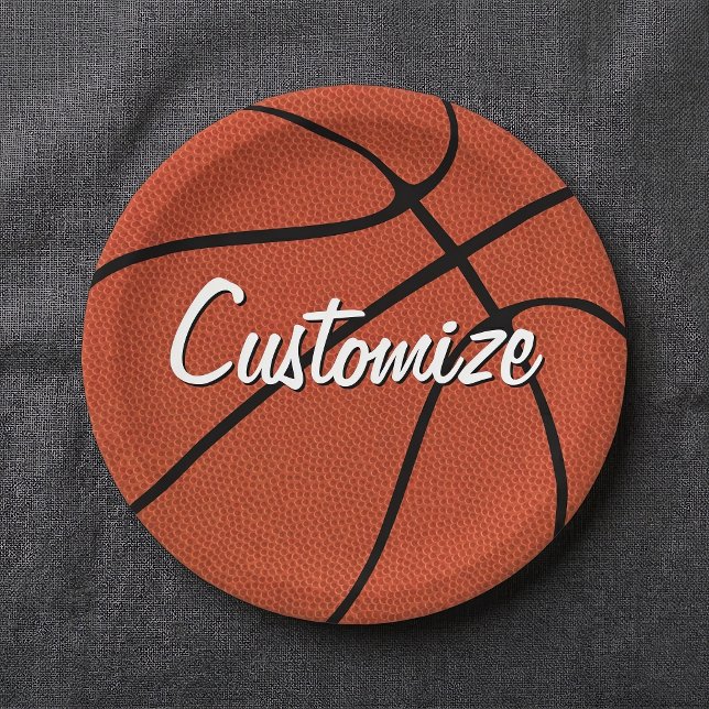 Basketball-Party / Bankett - Teamname Sport Pappteller (Customizable basketball paper plates on tablecloth. Great for basketball parties and events!)