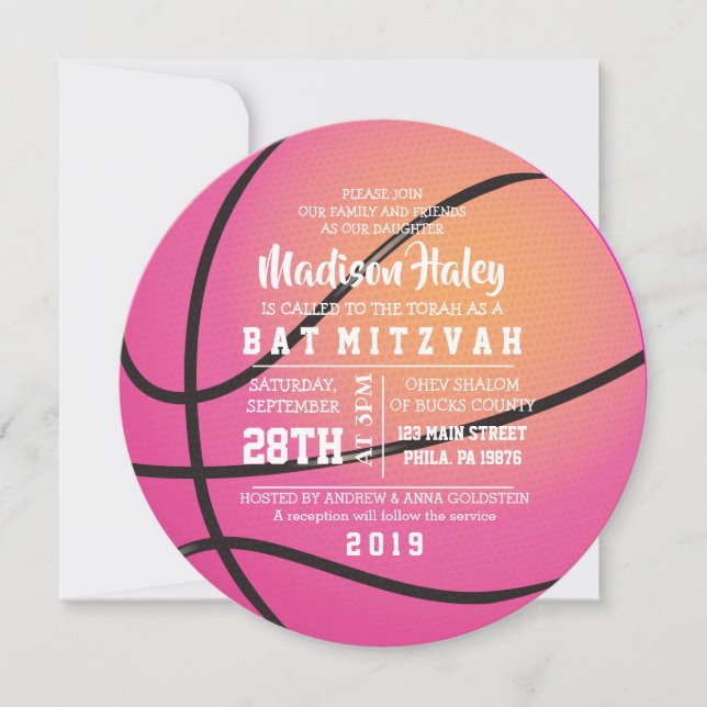 BASKETBALL PINK Bat Mitzvah Einladung (Vorderseite)