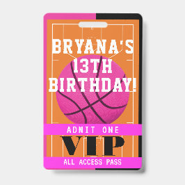 Basketball Pink Geburtstagsparty VIP Pass Abzeiche Ausweis