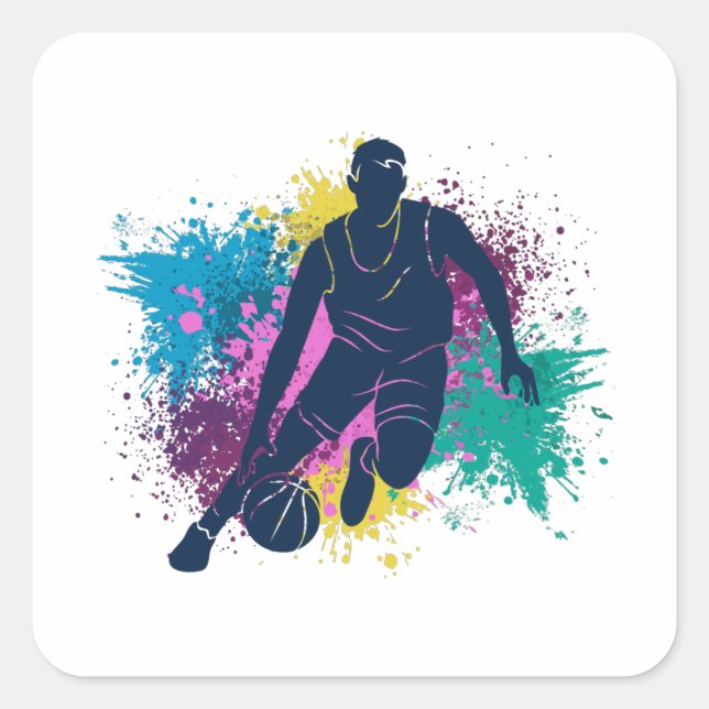 Basketball-Player grungy Color Splashes Quadratischer Aufkleber (Vorderseite)