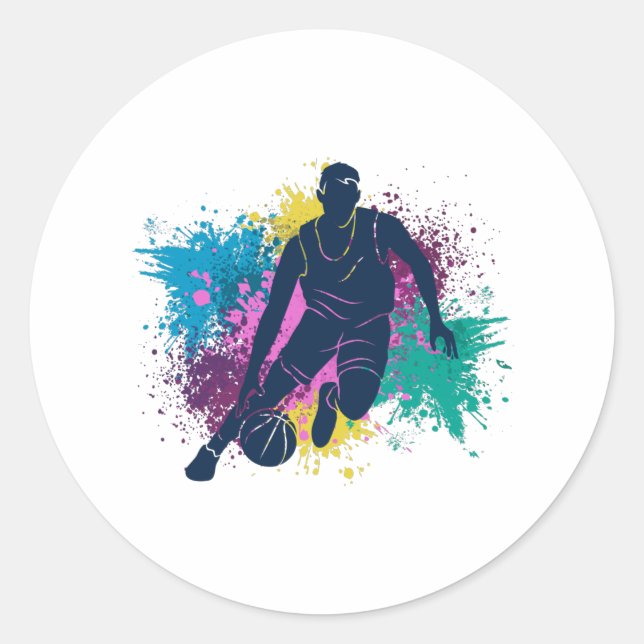 Basketball-Player grungy Color Splashes Runder Aufkleber (Vorderseite)