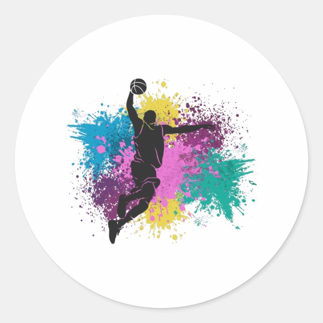 Basketball-Player grungy Color Splashes Runder Aufkleber (Vorderseite)