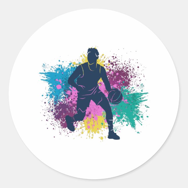 Basketball-Player grungy Color Splashes Runder Aufkleber (Vorderseite)
