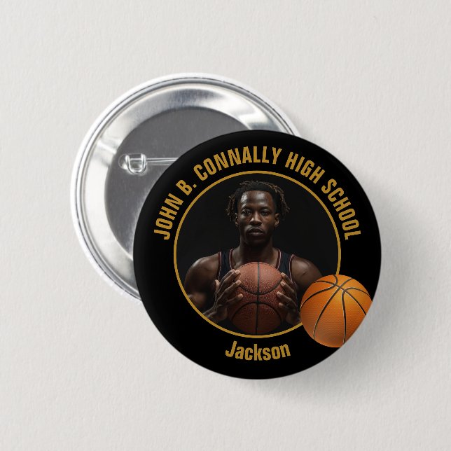 Basketball Player Photo Black Gold High School Button (Vorne & Hinten)