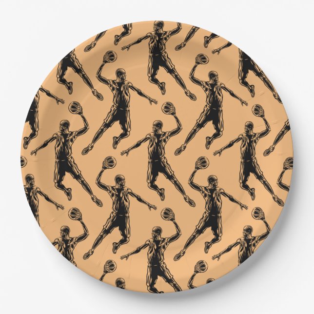 Basketball Player Slam Dunk Dunkles Design Pappteller (Vorderseite)