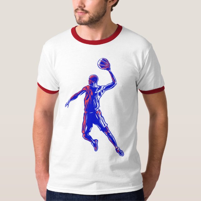 Basketball Player Slam Dunk, Rot und Blau Design T-Shirt (Vorderseite)