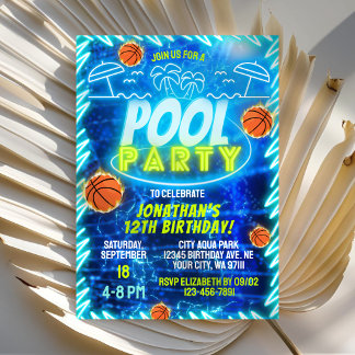 Basketball-Poolparty Neon Glow Blau Jungen Geburts Einladung