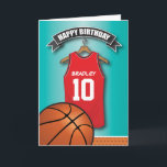 Basketball Red Jersey Sports Custom Birthday Karte<br><div class="desc">Personalized kids basketball birthday greeting cards with a blue faded background and a red & black basketball jersey which you can personalise with the childs name and age and a basketball at the bottom. This sports birthday card will impress the birthday kid be your son/daughter, nephew/niece, grandson/grandhter or friend, literally...</div>