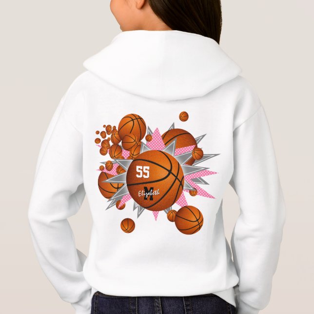 Basketball Rosa graue Stars Mädchensport Hoodie (Rückseite)