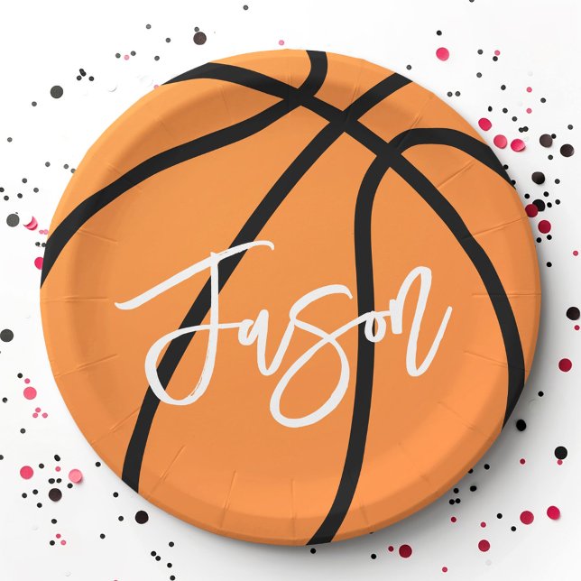 Basketball, schwarz-orange individuelle Name Pappteller (Basketball black orange custom name paper plates)