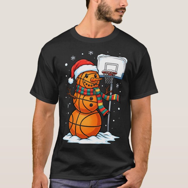 Basketball Snowman Christmas Santa Hat Funny Xmas  T-Shirt (Vorderseite)