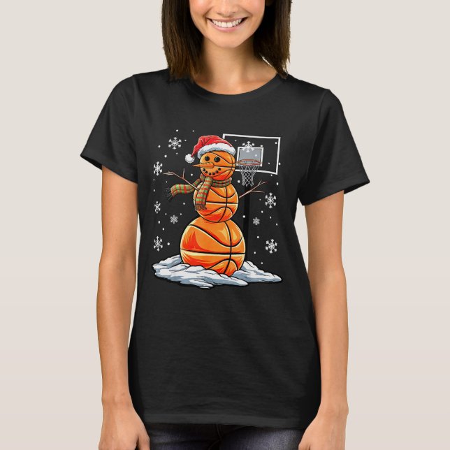 Basketball Snowman Player Santa Hat Christmas Funn T-Shirt (Vorderseite)